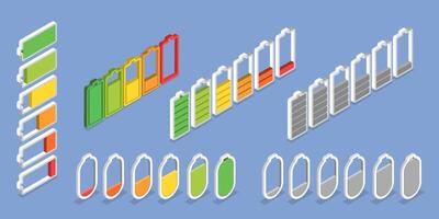 3D Isometric Flat Set of Charging Level Batteries, Charge Indicator vector