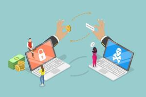 3D Isometric Flat Illustration of Ransomware Data Leaking, Cyber Criminal Stealing Personal Data vector