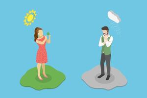 3D Isometric Flat Illustration of Lucky And Unlucky People, Stressed Unhappy vs Smiling Optimistic Person vector