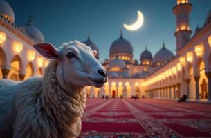white sheep and lantern, background crescent moon above a peaceful mosque, glowing lanterns hanging in the foreground, detailed carpets covering the courtyard. Eid al Adha photo