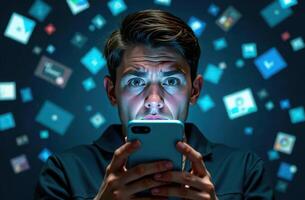 Man intently engaging with smartphone amidst floating digital app icons. concept of digital chaos, information overload photo