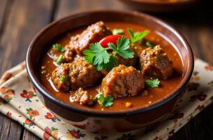 top view close-up of a traditional Eid meat stew qurma, thick spiced gravy with tender lamb chunks, garnished with fresh coriander and chili slices, served in a ceramic bowl on a patterned cloth photo