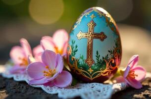 Ornate easter egg with cross and pink flowers on lace in natural setting photo