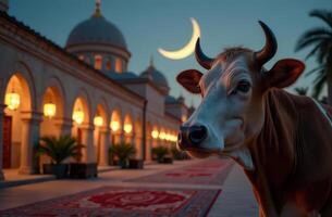 cow in front of illuminated mosque under crescent moon at dusk. Eid al Adha photo