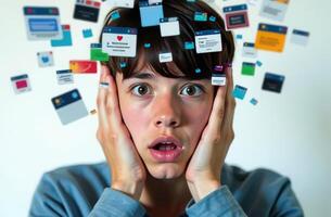 Overwhelmed person surrounded by floating social media notifications and alerts. concept of digital chaos, information overload photo