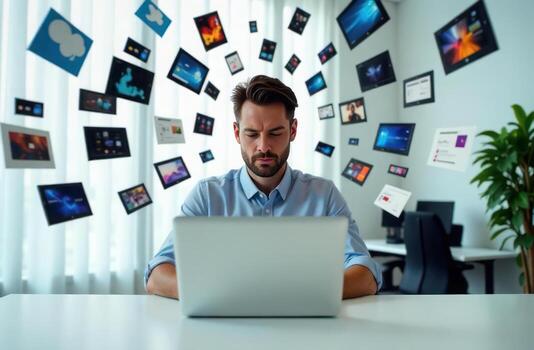 Focused man working on laptop surrounded by floating digital screens in modern office. concept of digital chaos, information overload photo