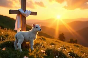 Lamb and cross at sunrise in tranquil meadow scene. Easter Day photo