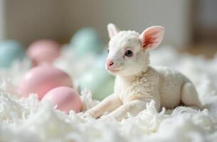 Adorable lamb with easter eggs. celebrating springtime charm and pastel colors photo