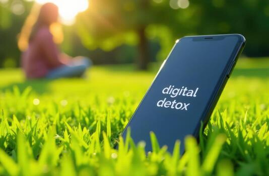 Digital detox concept smartphone in nature promoting offline tranquility and mindfulness photo