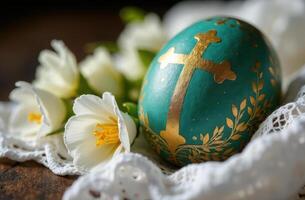 Easter egg with golden cross and white flowers on delicate lace photo