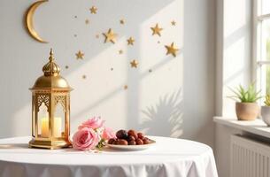Elegant ramadan decor with lantern flowers and dates in sunlit room. Eid al Adha photo