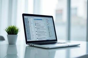 Modern laptop with digital interface and floating icons. digital chaos, information overload photo