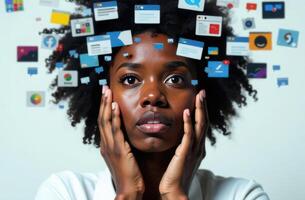 Woman overwhelmed by social media notifications and digital connectivity. concept of digital chaos, information overload photo