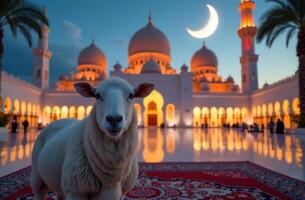 Peaceful sheep in grand mosque courtyard at dusk with illuminated crescent moon. Eid al Adha photo