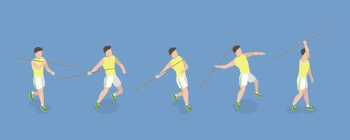 3D Isometric Flat Set of a Character Javeling Throwing, Sports Activity vector
