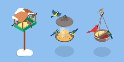 3D Isometric Flat Set of Bird Feeders, Backyard Birdhouse with Seeds vector