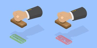 3D Isometric Flat Illustration of Approved And Rejection Stamps , Paper Document vector