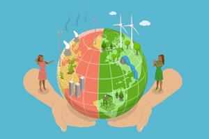 3D Isometric Flat Illustration of Save Earth, Recycling Waste, Growing Plants and Choosing Renewable Resources vector
