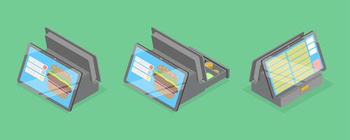 3D Isometric Flat Illustration of Fast Food Checkout Terminal, Cash Register Computer vector