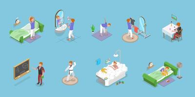 3D Isometric Flat Illustration of Schoolchild Daily Routine, A Kid Life with Everyday Activities vector