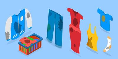 3D Isometric Flat Set of Dirty Clothes, Apparel with Stains vector