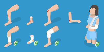 3D Isometric Flat Illustration of How To Heal Injuries, Methods of Bandaging vector