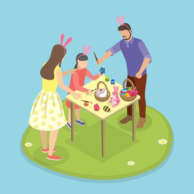 3D Isometric Flat Illustration of Easter Painting Egg, Family Leisure Time