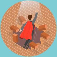 3D Isometric Flat Illustration of Breaking Obstacles, Entrepreneur Cracking Boundaries for New Challenge vector