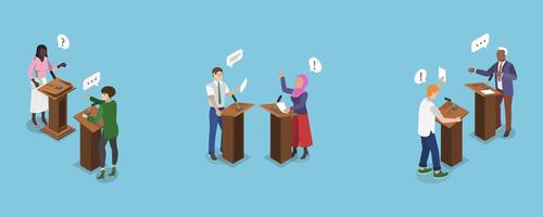 3D Isometric Flat Illustration of Political Debates, Stage Communication with Arguments vector