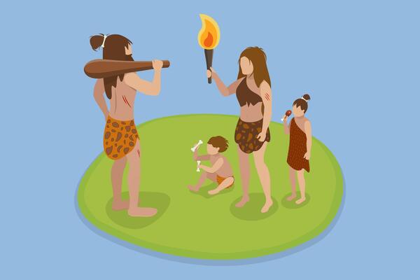 3D Isometric Flat Illustration of Caveman Family, Primitive People in Stone Age