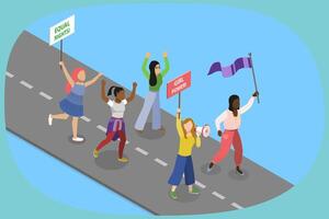3D Isometric Flat Illustration of Angry Feminist Protester , Group of Diverse People at Picket vector