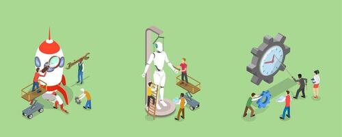 3D Isometric Flat Illustration of Tech Startup, Business Process Automation vector