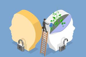 3D Isometric Flat Illustration of Fixed Mindset vs Growth Mindset, Difference of Positive and Negative Thinking vector
