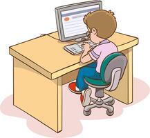 Student boy sitting at home office desk, doing school homework, surfing internet on desktop computer. vector