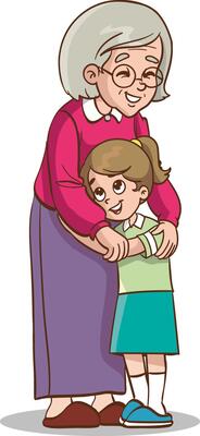 Grandmother lovingly smiles and hugs her laughing grandson. Generations and family relationship. Flat style illustration