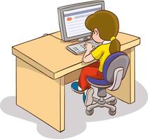 Student boy sitting at home office desk, doing school homework, surfing internet on desktop computer. Flat illustration isolated on white. vector