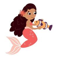 Cute little mermaid with fish. White background, isolate vector