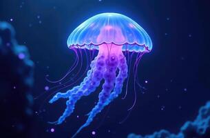 Vibrant bioluminescent jellyfish in a mystical deep sea environment photo