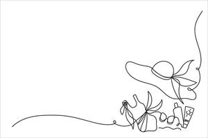 Abstract female beach accessories drawn by one line. Corner element for travel themed page design. Sketch. Minimalist art summer illustration. vector