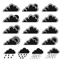 Black And White Weather Icon Set With Clouds Sun And Rain Collection vector
