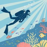 Scuba Diver Exploring Underwater World With Colorful Coral Reef And Tropical Fish vector
