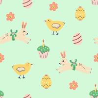 Happy Easter seamless pattern with rabbit, chick and painted eggs on green background. Happy Easter hand drawn card. Flat illustration with partial outline. illustration. vector