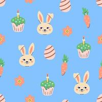 Happy Easter seamless pattern with rabbit and carrot on blue background. Happy Easter hand drawn card. Flat illustration with partial outline. illustration. vector