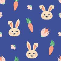 Happy Easter seamless pattern with rabbits and carrots on dark blue background. Happy Easter hand drawn card. Flat illustration with partial outline. illustration. vector