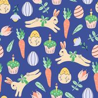 Happy Easter seamless pattern with bunny, chick and painted eggs on dark blue background. Happy Easter hand drawn card. Flat illustration with partial outline. illustration. vector