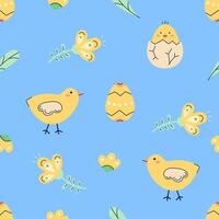 Happy Easter seamless pattern with chicken, flowers and painted eggs on blue background. Happy Easter hand drawn card. Flat illustration with partial outline. illustration. vector