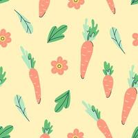 Seamless pattern with carrots and flowers on yellow background. Flat hand drawn illustration with partial outline. illustration. vector
