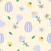 Happy Easter seamless pattern with flowers and painted eggs on yellow background. Happy Easter hand drawn card. Flat illustration with partial outline. illustration. vector