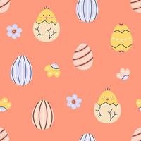 Happy Easter seamless pattern with chicken and painted eggs on orange background. Happy Easter hand drawn card. Flat illustration with partial outline. illustration. vector