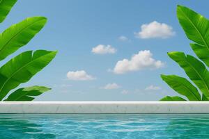 Luxury vibes pools scene with marble border and banana leaves for product presentation photo